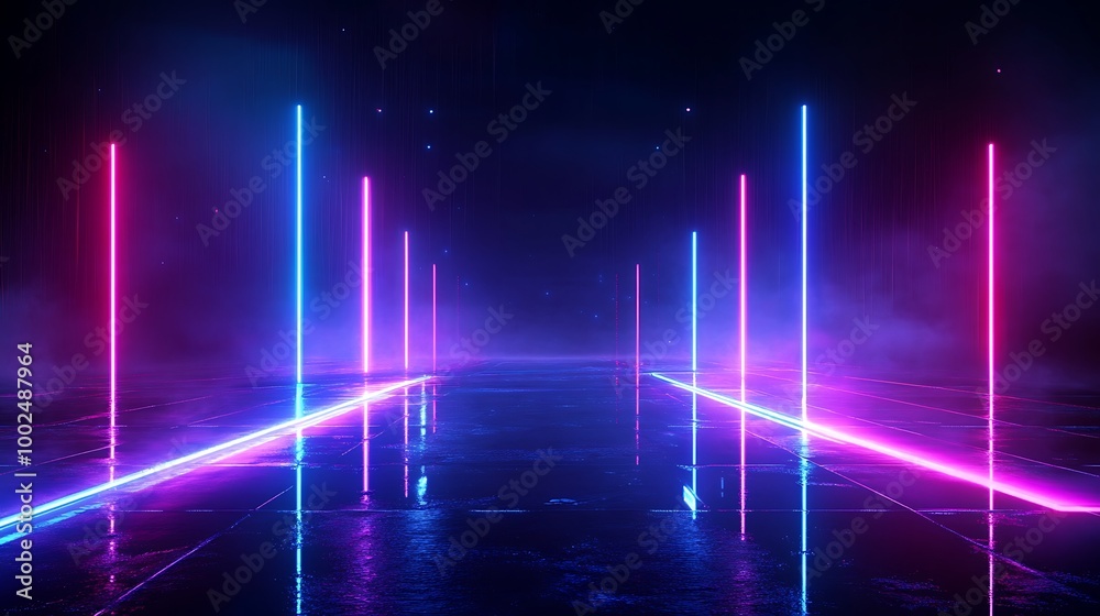 Dynamic neon lights create a vibrant atmosphere in a digital space with reflections. Dynamic neon lights create a vibrant atmosphere in a digital space with reflections.