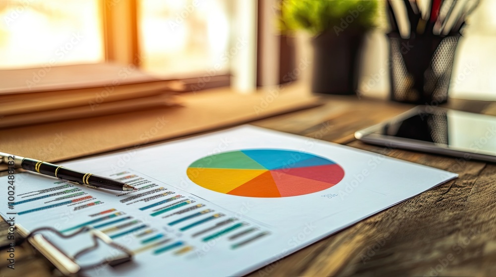 Obraz premium A clean and professional pie chart printed on paper, showing market share data with colorful sections, placed on a desk alongside other business documents.