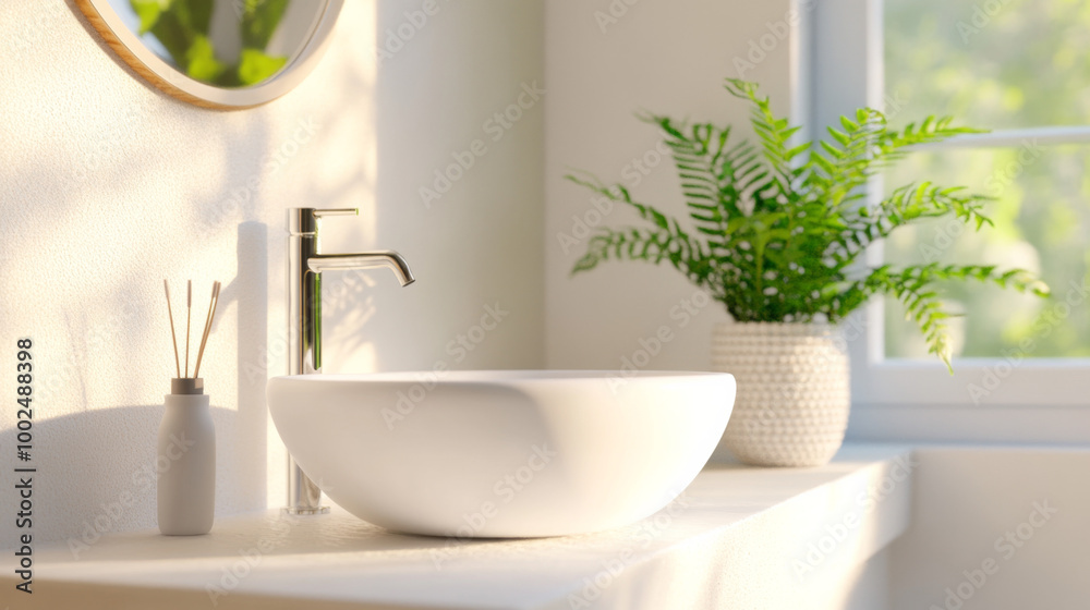 Fototapeta premium Bright and modern bathroom sink with a fern plant in natural light by the window