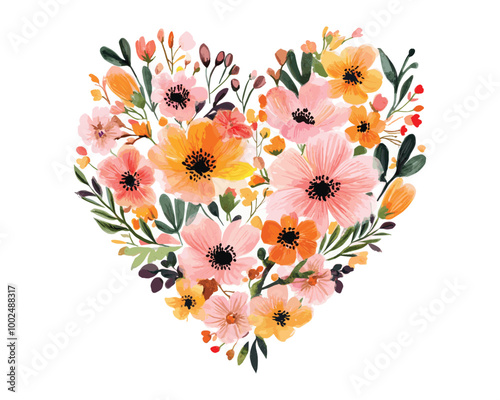 Watercolor Heart Illustrated With Flowers