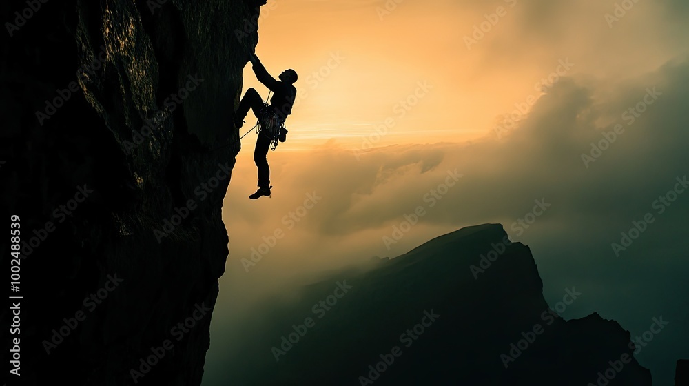 A climbers silhouette against a rugged cliff, free-soloing in the early morning light, with vast, untouched wilderness in the background. A climbers silhouette against a rugged cliff, free-soloing in the early morning light, with vast, untouched wilderness in the background.