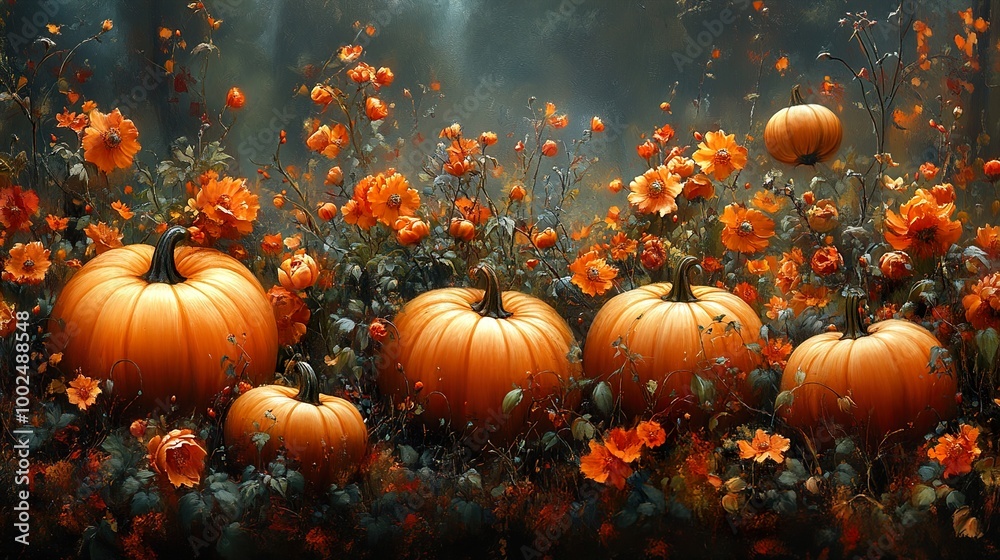 Autumn Harvest: Pumpkins and Flowers in a Field Autumn Harvest: Pumpkins and Flowers in a Field
