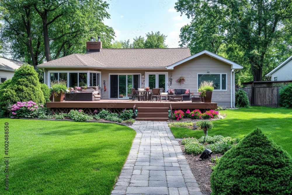 A charming house with a landscaped garden and patio area, ideal for relaxation and gatherings.