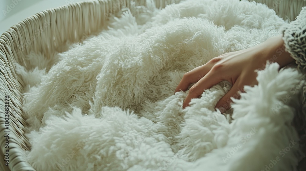 A close-up of a fluffy shirt lying on a laundry basket with a hand gently caressing its soft surface, evoking the comfort of fresh laundry. A close-up of a fluffy shirt lying on a laundry basket with a hand gently caressing its soft surface, evoking the comfort of fresh laundry.