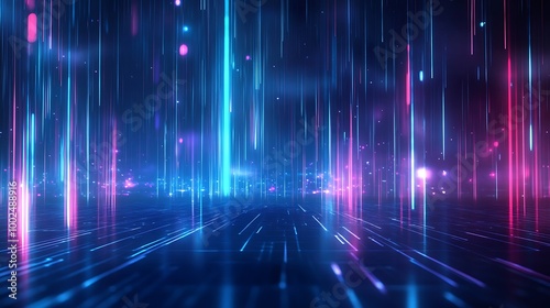 Futuristic abstract background with neon lights in blue and pink, creating a digital atmosphere.