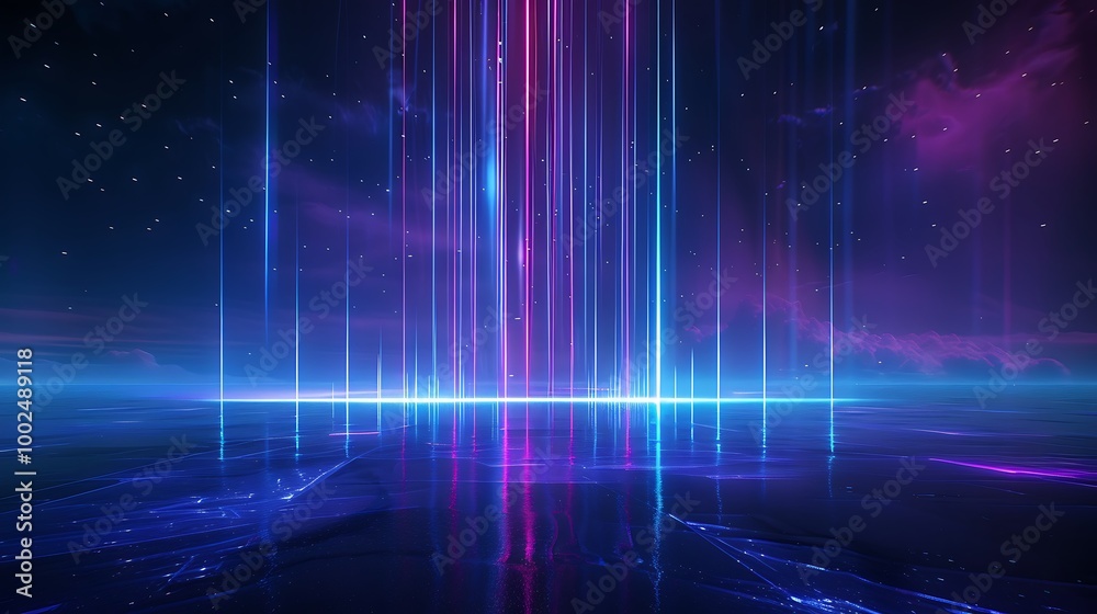 Futuristic abstract lines of light radiate in vibrant colors against a cosmic backdrop. Futuristic abstract lines of light radiate in vibrant colors against a cosmic backdrop.