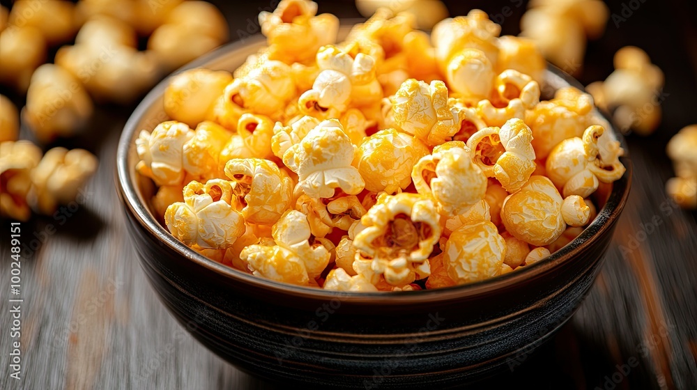 A close-up shot of popcorn coated with melted cheese, arranged in a bowl on a dark wooden table, highlighting the savory flavor. A close-up shot of popcorn coated with melted cheese, arranged in a bowl on a dark wooden table, highlighting the savory flavor.