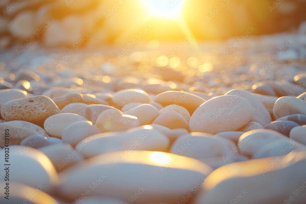 Fototapeta premium Sunset light reflecting off smooth pebbles on a beach at twilight