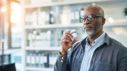 Determined Man Holding a Small Bottle of Weight-Loss Pills with a Focused Expression. Determined,focused,positive,confident,wellness,healthy lifestyle photo