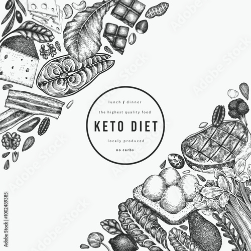 Keto Diet Design Template. Vector Hand Drawn Healthy Food Banner. Vintage Style Ketogenic Menu Illustration.