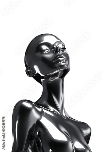 Futuristic 3D chrome woman body mannequin. Sleek polished glossy metal female sculpture with reflections. Ai generated