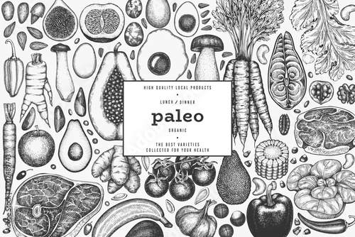 Paleo Diet Design Template. Vector Hand Drawn Healthy Food Banner. Vintage Style Menu Illustration.