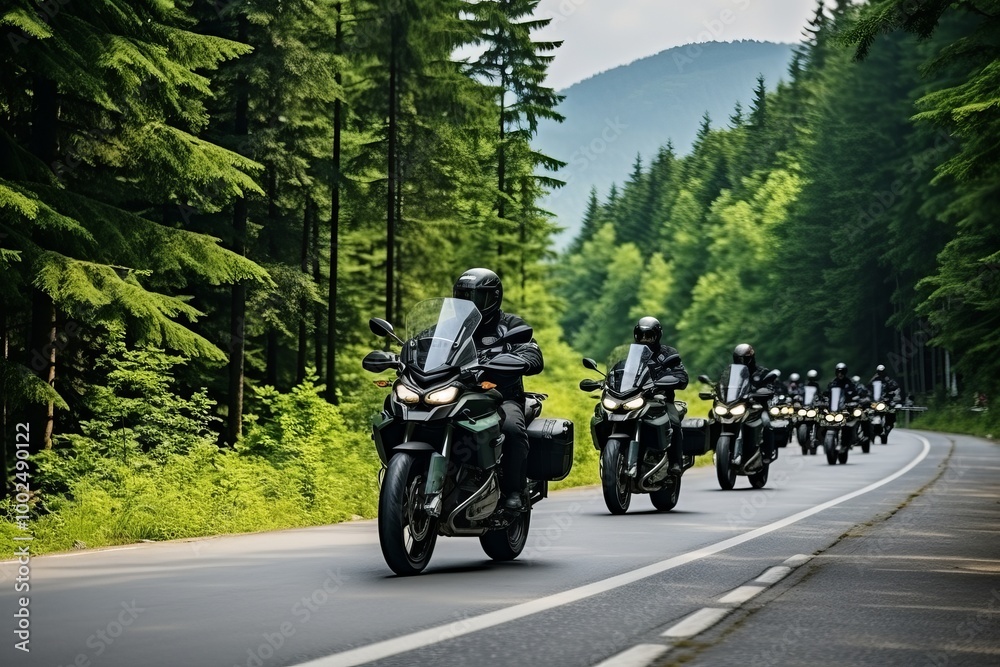 A group of motorcyclists rides along a winding forest road surrounded by mountains in summer A group of motorcyclists rides along a winding forest road surrounded by mountains in summer