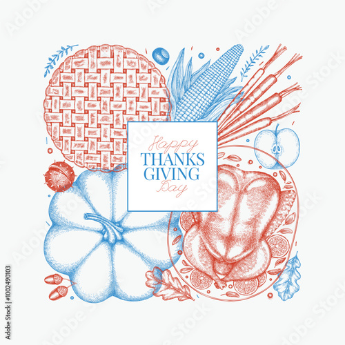 Vector Hand Drawn Thanksgiving Menu Design Template. Festive Food Illustration. Vintage Style Family Dinner Background