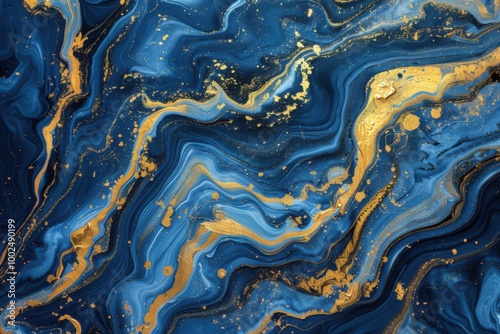 Wallpaper Mural Abstract Marbled Design with Swirling Blue and Gold Patterns, Resembling Fluid Art and Cosmic Elegance Torontodigital.ca