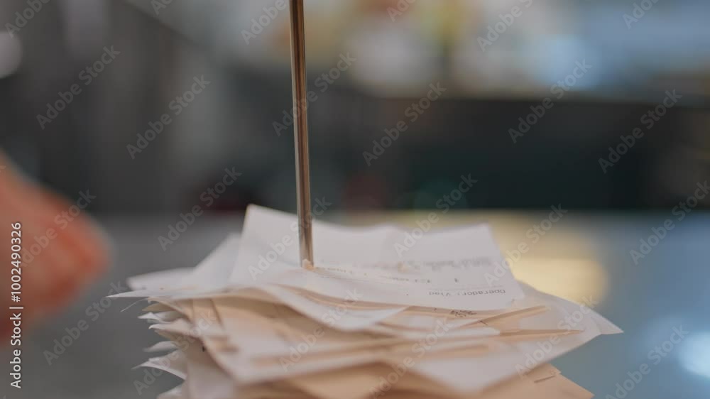 Closeup bills skewered spike at busy restaurant kitchen. Paper receipts stacked 