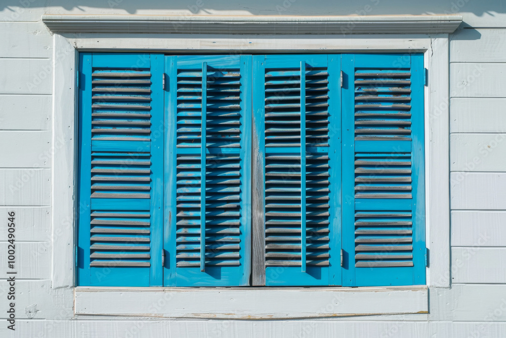 Fototapeta premium Bright blue wooden shutters on a white wooden house in daylight