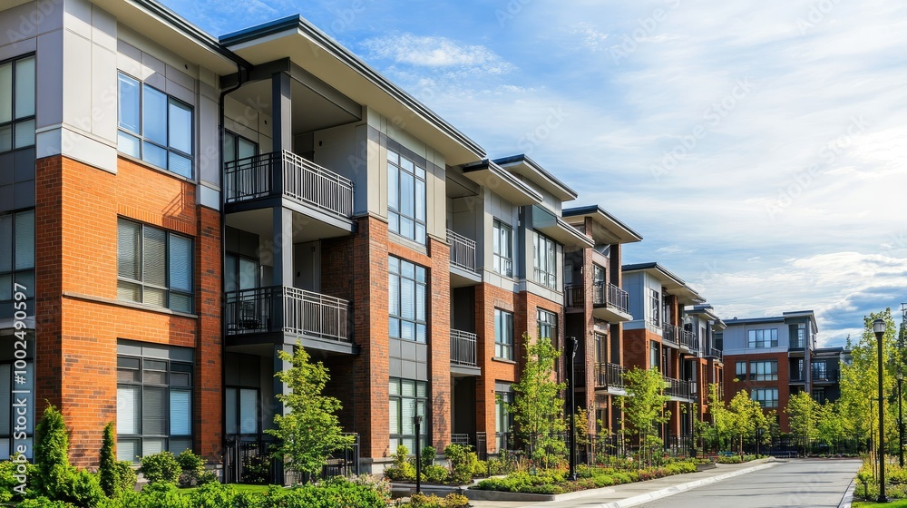 A freshly constructed apartment complex in a developing area, showing innovative architecture with sleek facades, open spaces, and a calm urban atmosphere. A freshly constructed apartment complex in a developing area, showing innovative architecture with sleek facades, open spaces, and a calm urban atmosphere.