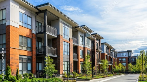 A freshly constructed apartment complex in a developing area, showing innovative architecture with sleek facades, open spaces, and a calm urban atmosphere.