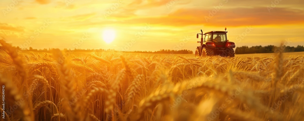 Fototapeta premium Tractor working in a golden wheat field at sunset with warm colors accentuating the harvest.