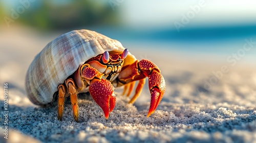 A close-up of a hermit crab on a sandy beach, its bright red claws and shell contrasting with the light sand and blue ocean.