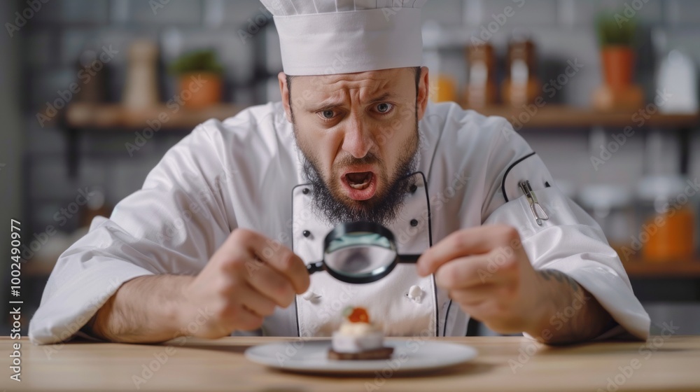 Chef with magnifying glass examines dessert in kitchen. Chef with magnifying glass examines dessert in kitchen.