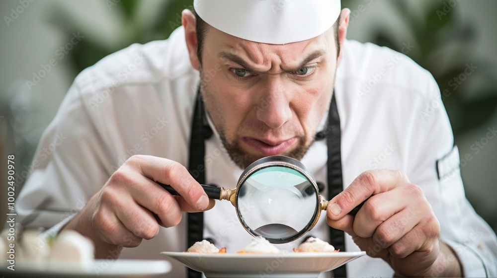 Chef closely inspecting dish with magnifying glass for quality and precision.