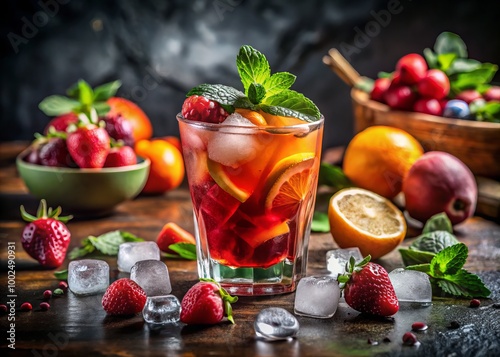 A colorful fruit cocktail, served over ice in a glass, features an array of fresh ingredients and decorative