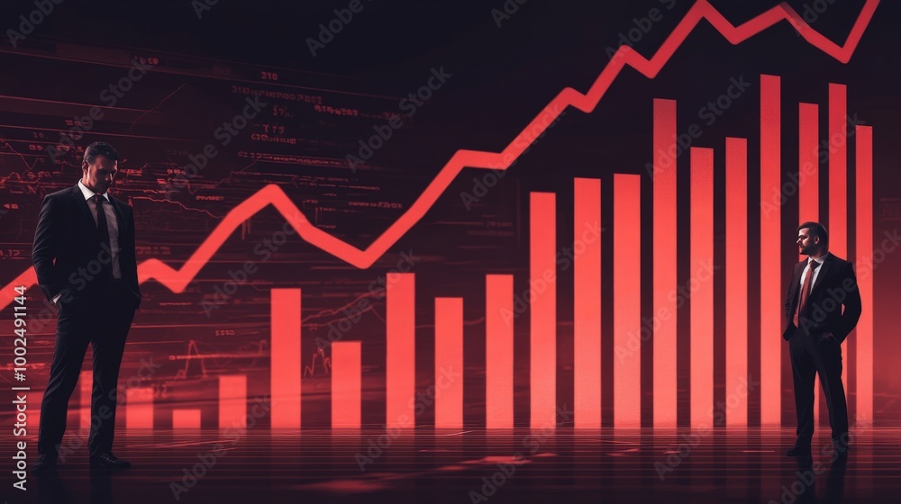 Two men standing in front of a red chart with a downward trend Two men standing in front of a red chart with a downward trend