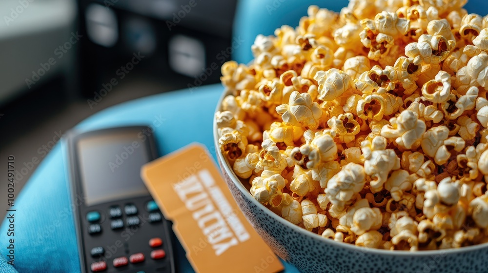 A large bowl filled with sweet kettle corn, placed beside movie tickets and a remote control, creating a perfect movie night vibe. A large bowl filled with sweet kettle corn, placed beside movie tickets and a remote control, creating a perfect movie night vibe.