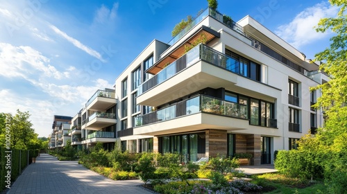 A modern apartment block with stylish architecture and open balconies. The building is surrounded by greenery and well-designed communal areas.