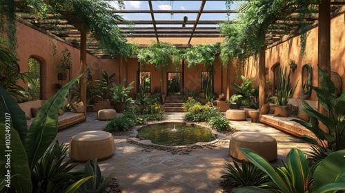 A lush internal garden courtyard with a central water feature