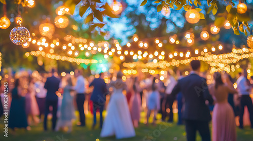 Blurred background of an elegant evening event with people dancing and socializing in the foreground In the foreground, blurry figures can be seen celebrating at a festive party