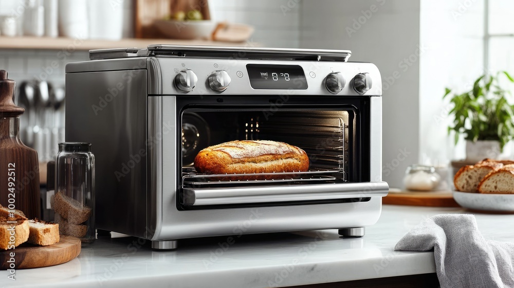 A modern countertop toaster oven with sleek chrome accents and multiple cooking settings, with a loaf of bread being baked inside. A modern countertop toaster oven with sleek chrome accents and multiple cooking settings, with a loaf of bread being baked inside.