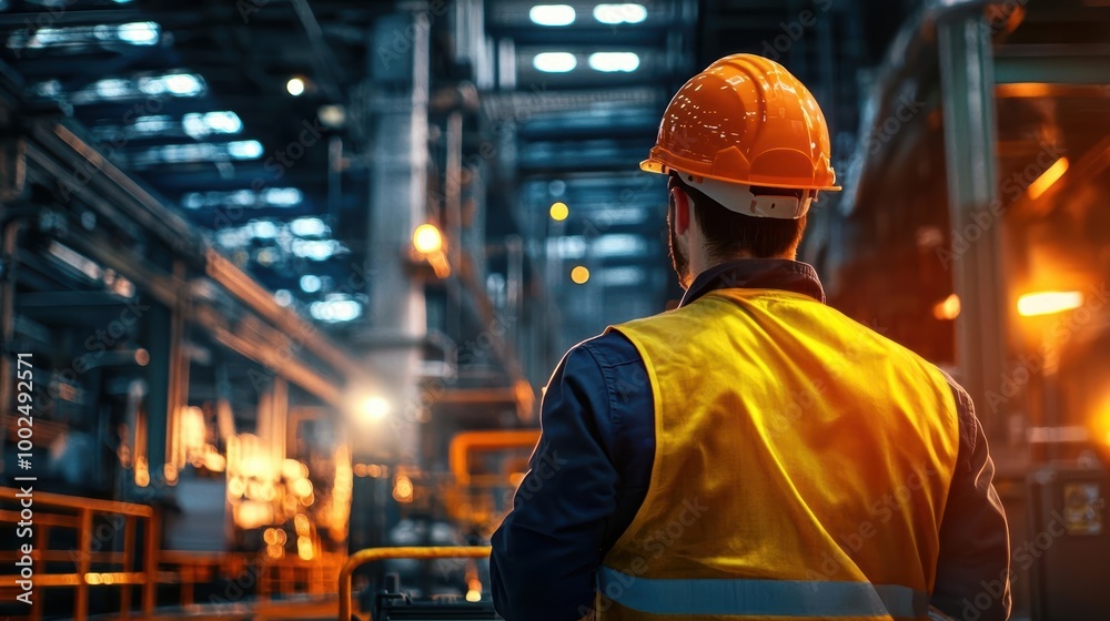 Worker in safety gear observing the industrial workspace, illuminated by warm lights. Worker in safety gear observing the industrial workspace, illuminated by warm lights.