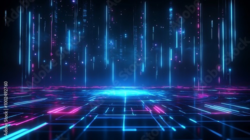 Futuristic digital abstract with neon lights and geometric patterns.