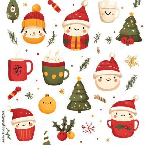 Christmas holiday patterns on a white background. Mugs, bows and Christmas leaves