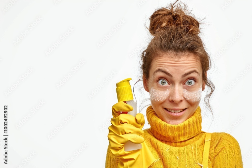 Playful woman with cleaning supplies and shampoo foam on face. Copy space Playful woman with cleaning supplies and shampoo foam on face. Copy space