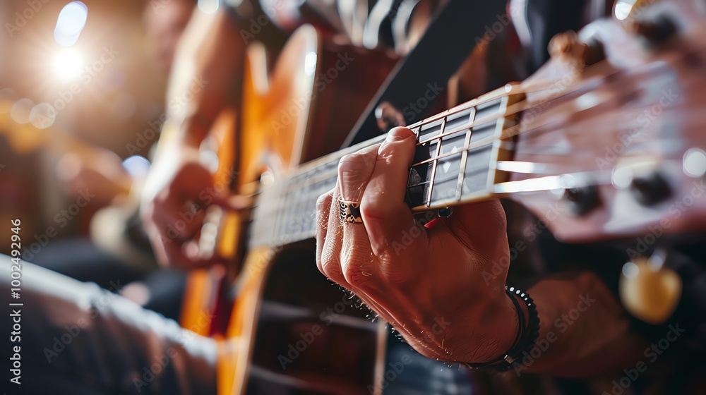 Fototapeta premium A musician plays an acoustic guitar on stage, close-up on his fingers.