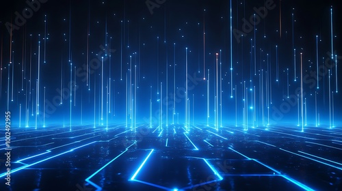 Futuristic digital backdrop with glowing blue lines and vertical light rays creating an abstract technological environment.