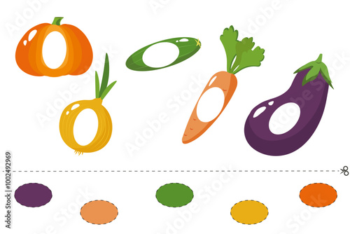 Cut out and glue colorful circles onto the vegetables. Learning to cut. Game for children. Educational cards for children. Preschool activity pages worksheet with cut out insert.