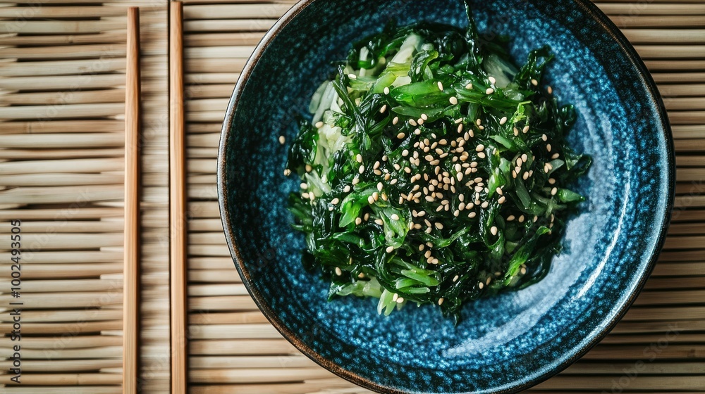 A plate of Wakame seaweed salad topped with sesame seeds and ginger, with chopsticks placed neatly beside the dish on a bamboo table. A plate of Wakame seaweed salad topped with sesame seeds and ginger, with chopsticks placed neatly beside the dish on a bamboo table.