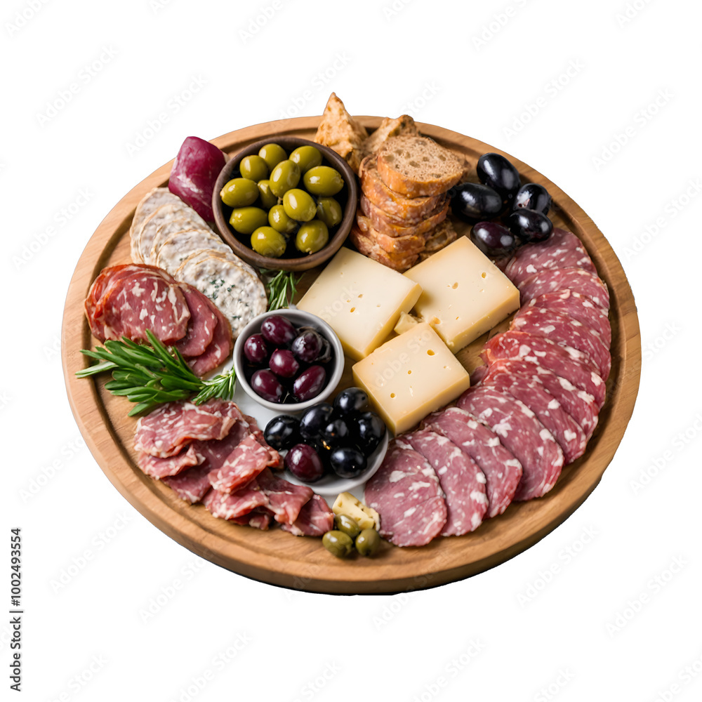 Round Wooden Charcuterie Board with Assorted Meats, Cheeses, Olives, and Bread Slices Isolated on Transparent Background Round Wooden Charcuterie Board with Assorted Meats, Cheeses, Olives, and Bread Slices Isolated on Transparent Background