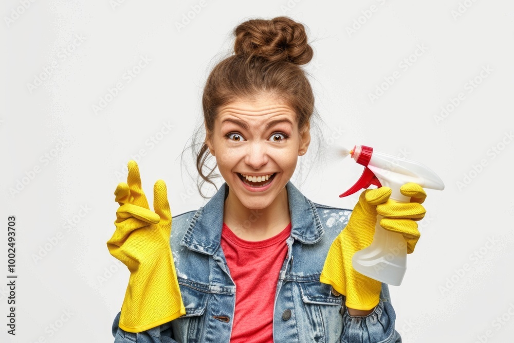 Cheerful woman with gloves holding spray bottle, celebrating successful cleaning. Cheerful woman with gloves holding spray bottle, celebrating successful cleaning.
