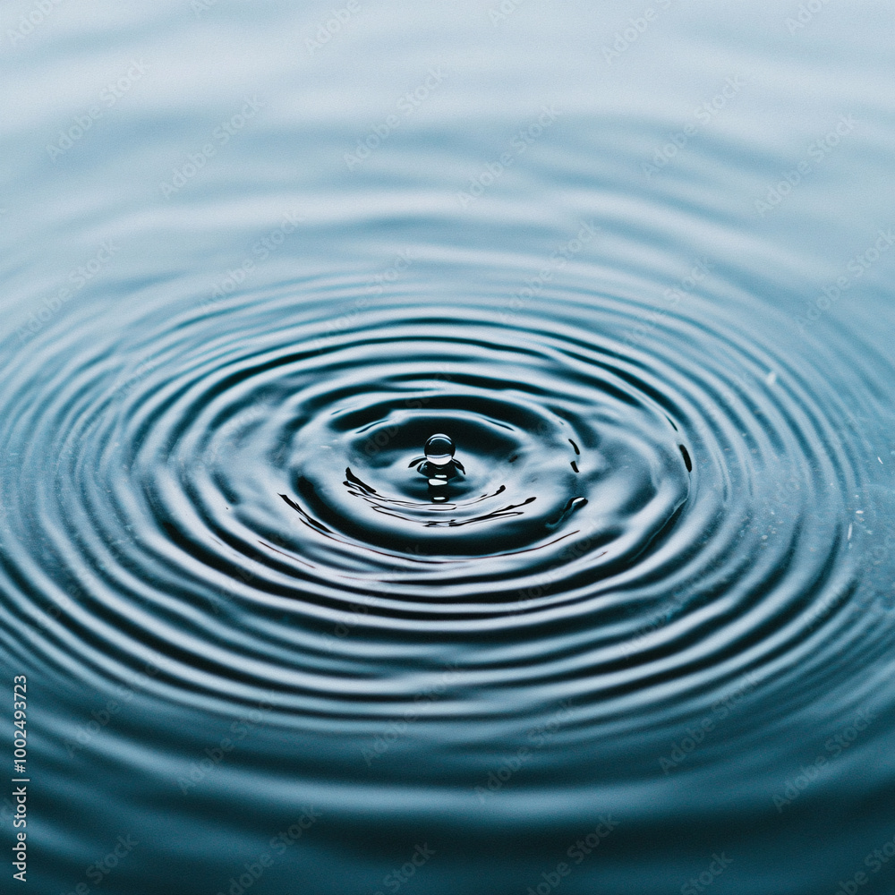 A drop of water is falling into a large body of water. The water is calm and still, with ripples forming around the drop. Concept of tranquility and peacefulness A drop of water is falling into a large body of water. The water is calm and still, with ripples forming around the drop. Concept of tranquility and peacefulness
