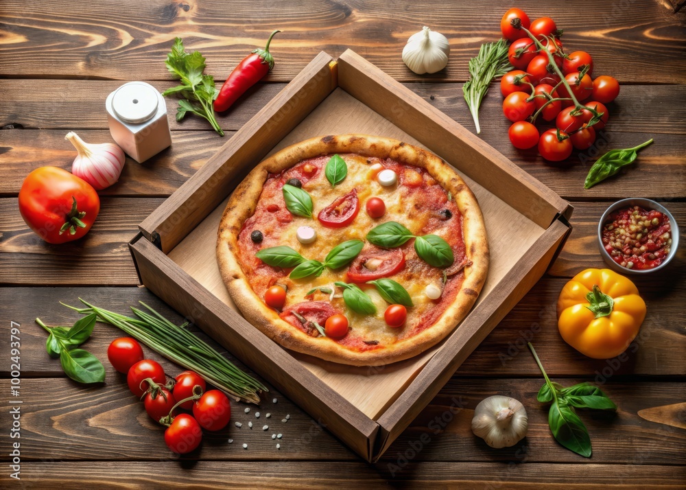 A freshly baked pizza rests in a cardboard box on a wooden table, surrounded by vibrant ingredients, ready A freshly baked pizza rests in a cardboard box on a wooden table, surrounded by vibrant ingredients, ready