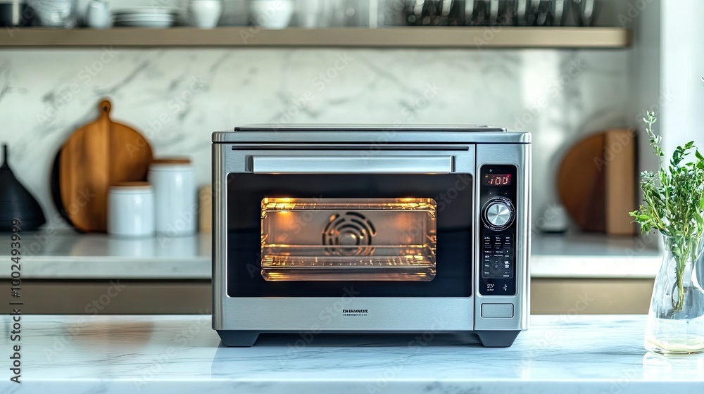 A sleek, stainless steel toaster oven with digital controls and a glass door, sitting on a marble countertop in a modern kitchen. A sleek, stainless steel toaster oven with digital controls and a glass door, sitting on a marble countertop in a modern kitchen.