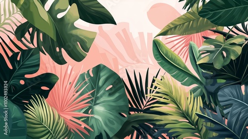 A vibrant arrangement of tropical leaves in various shades of green against a soft pastel background, creating a lively and refreshing atmosphere