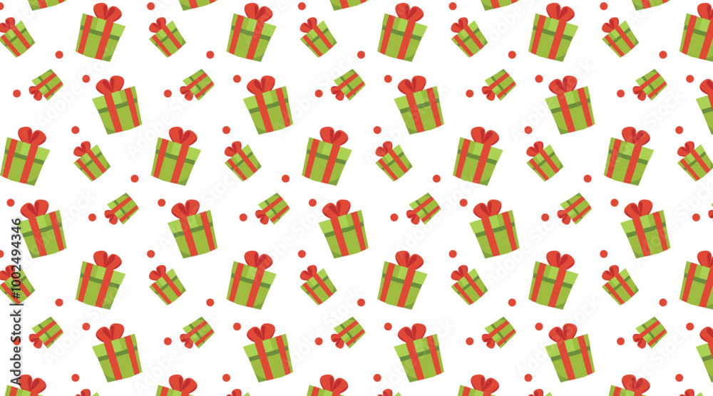 Vector seamless pattern with Christmas green gift box and red bow white isolated background. Merry Christmas and Happy New Year decoration pattern Vector seamless pattern with Christmas green gift box and red bow white isolated background. Merry Christmas and Happy New Year decoration pattern