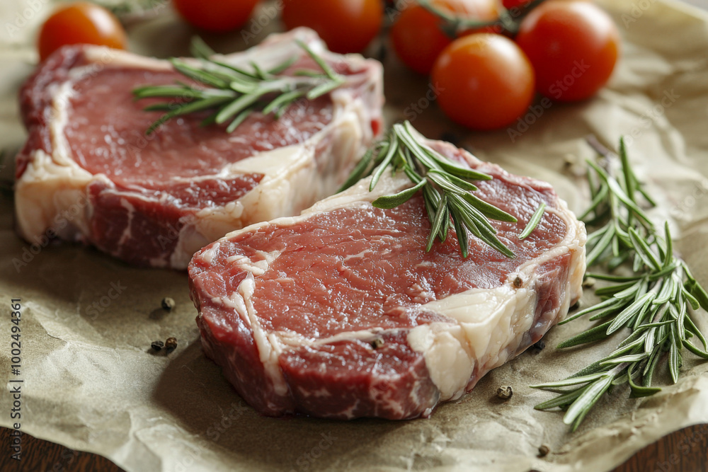 Freshly cut steaks on parchment paper with aromatic rosemary and cherry tomatoes in kitchen setting Freshly cut steaks on parchment paper with aromatic rosemary and cherry tomatoes in kitchen setting